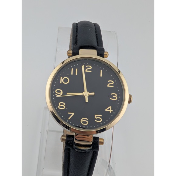 Accutime Watch Women 30mm Gold Case Faux Black Leather Band- New Battery - Picture 1 of 9